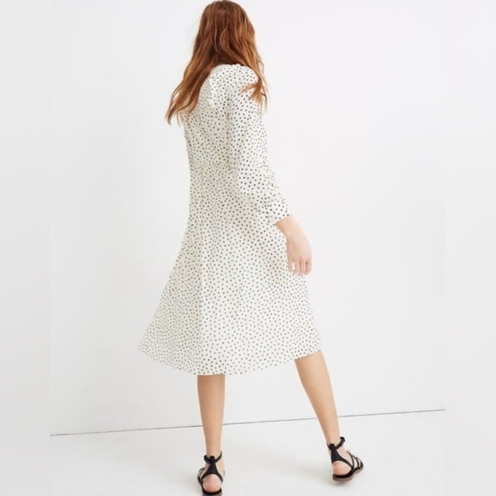 Madewell Smocked Ruffle-Shoulder Crinkled Georgette Midi Dress in Inkbrush Dots - Picture 4 of 12